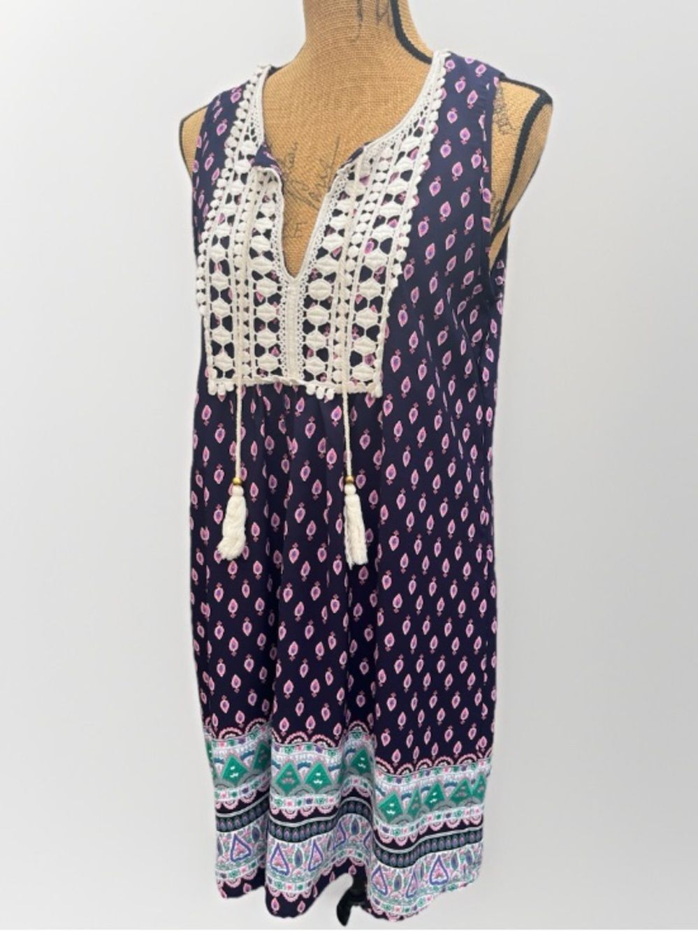 Altar'd State Crochet Knee Length Shift Dress Boho Navy Print Size Large